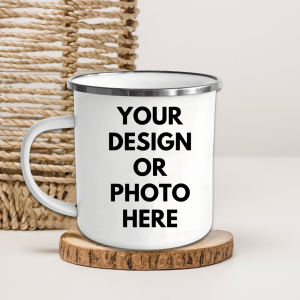 Personalized enamel mug with custom printed name or photo on lightweight metal enamel.