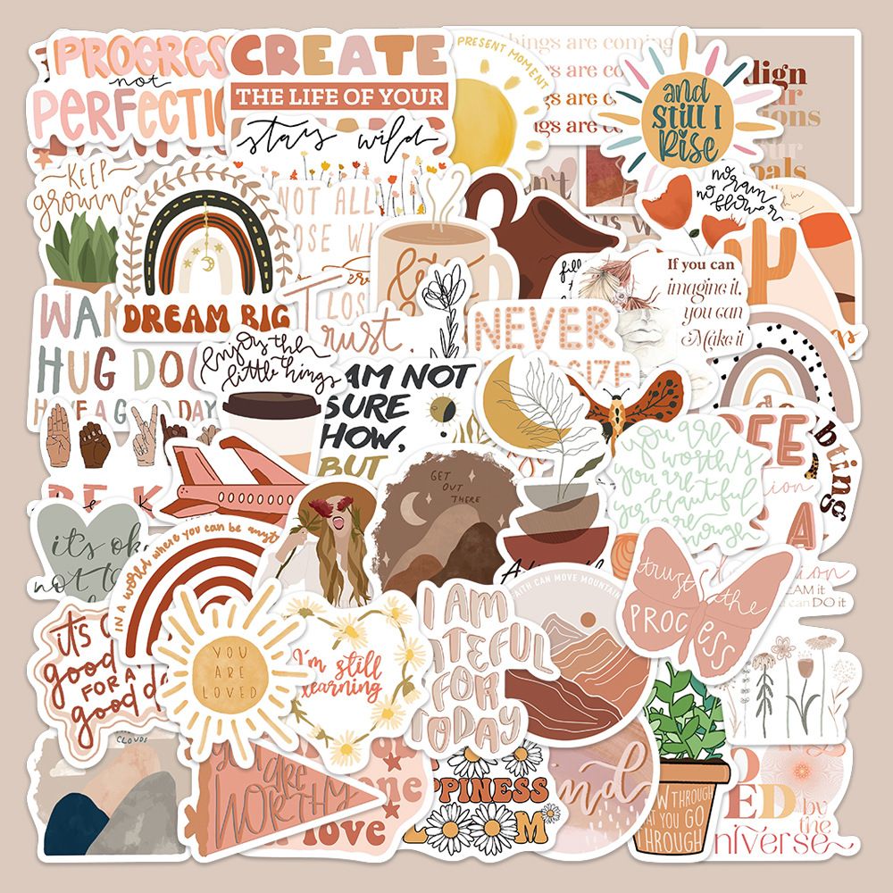 Motivational stickers boho theme Motivational stickers featuring positive quotes and colourful uplifting designs.