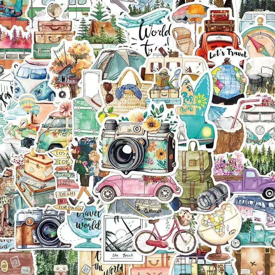 Travel journal stickers Travel journal stickers featuring maps, tickets, luggage, cameras, and aesthetic travel icons.