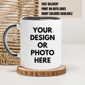 Personalized ceramic mug with custom photo and text printing on durable white ceramic.